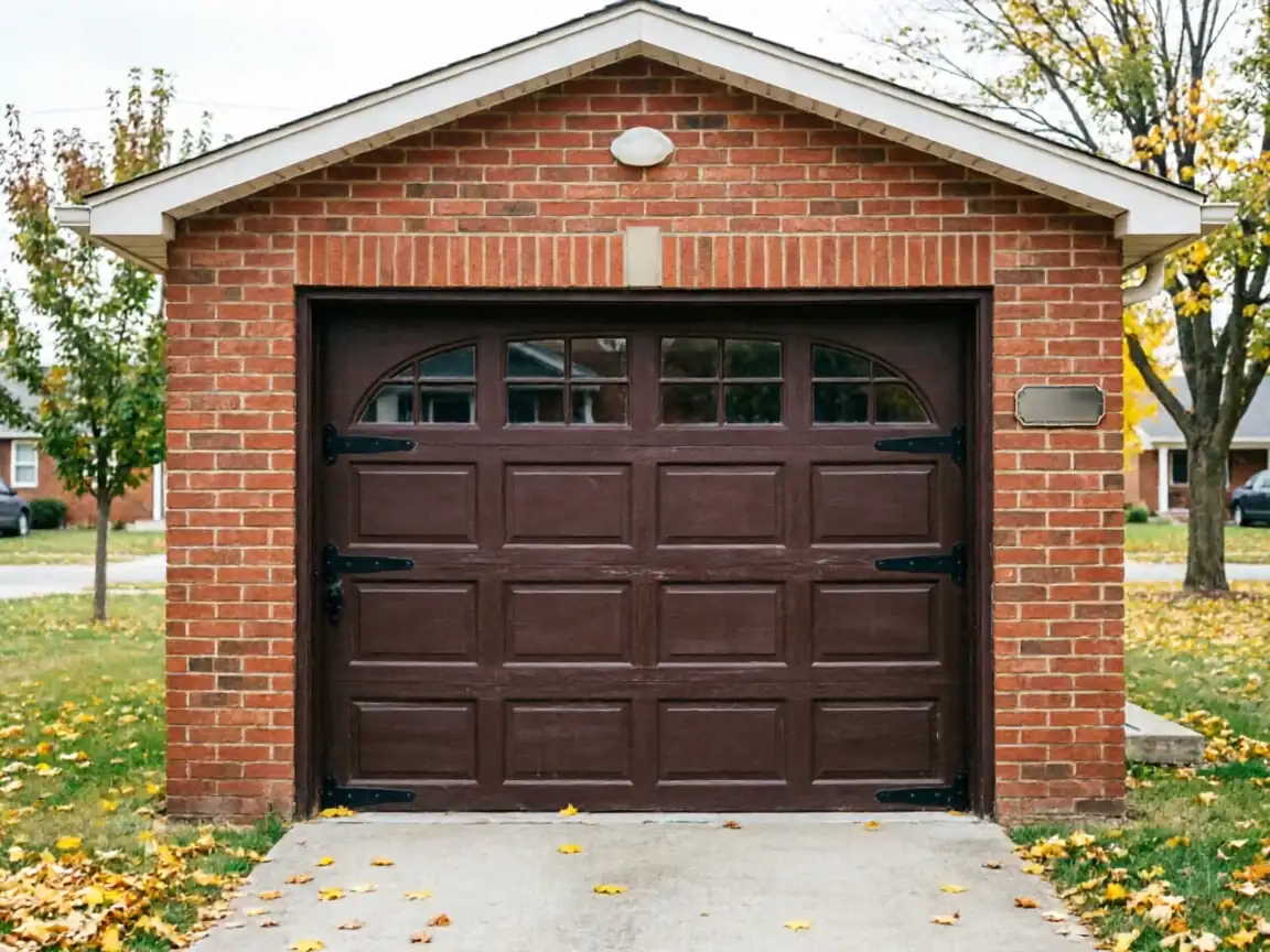 A brown garage door with windows is set in a red brick garage.