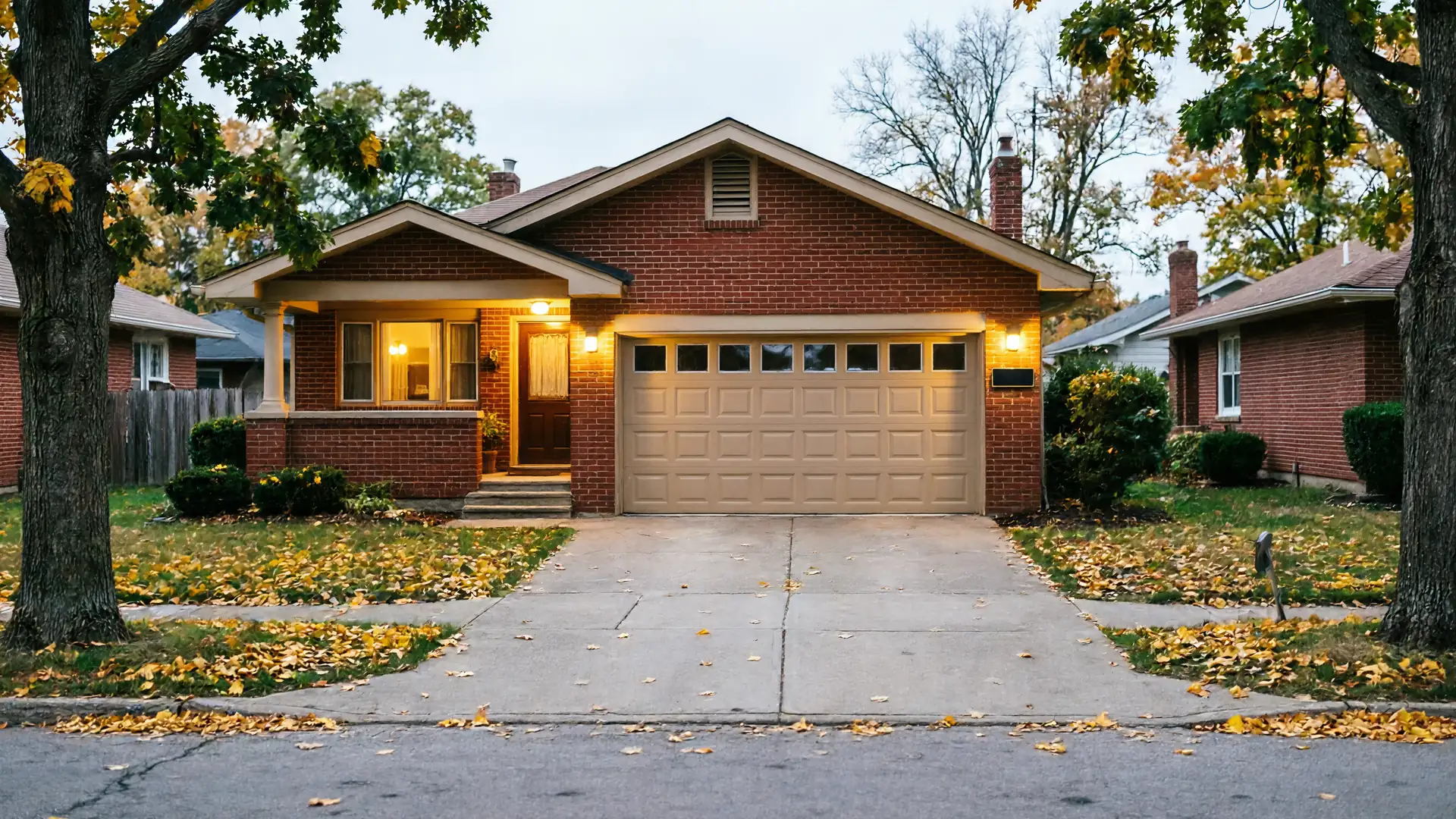 A brick house with a tan garage door and yellow leaves on the lawn.