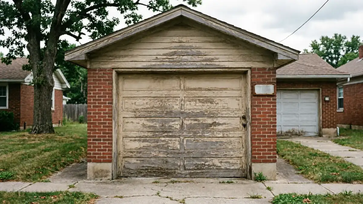 A weathered garage with peeling paint on the door and siding stands on a cloudy day.