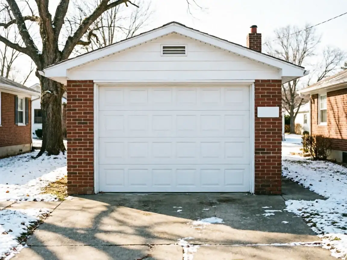 A white garage door is on a brick garage with snow on the ground.